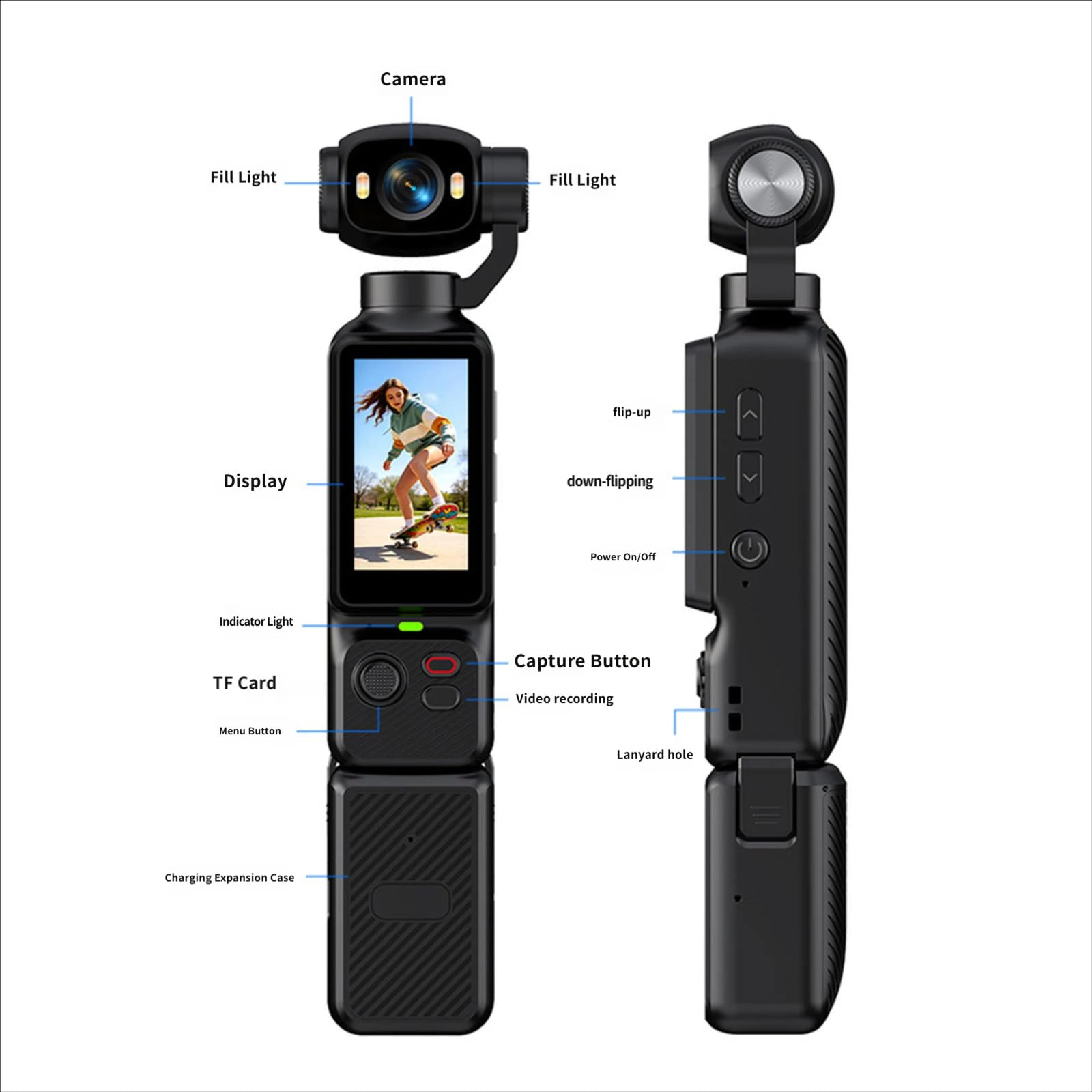 Action Camera portatile 1080P con lente rotante e anteriore, nero