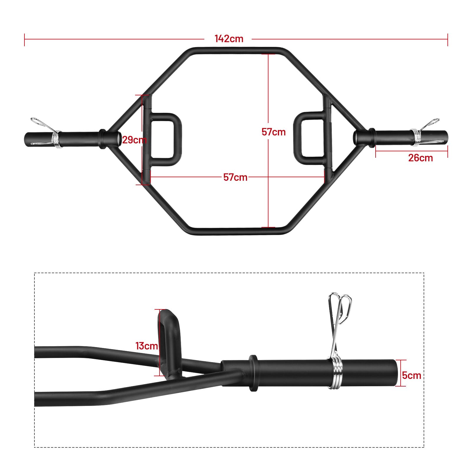 GYMAX Barra Hexagonal Olímpica, Barra Trapezoidal para Entrenamiento de Fuerza con Manguitos Cargables y Collares de Resorte de 26 cm, Barra de Encogimiento de Pesas