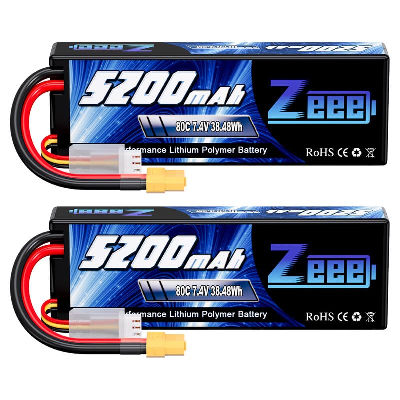 Zeee 2S Lipo Battery 5200mAh 7.4V 80C Hard case Battery with XT60 Plug for 1/8 1/10 RC Vehicles Car RC Buggy Truggy RC Airplane UAV Drone(2 Packs)