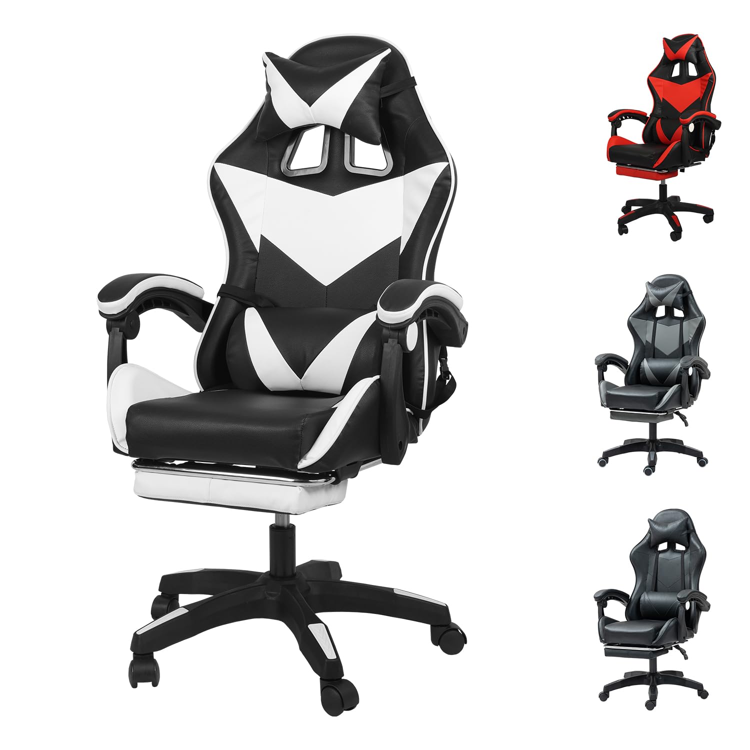 Yesuitme Gaming Chair with Footrest, Gaming Chair for Adults Computer Chair with Lumbar Cushion, Headrest, Height-Adjustable Office Chair(With Footrest, Black+White) — image 1
