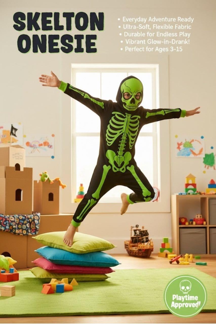A2Z 4 Kids Girls Boys Skeleton Print Neon Green Pajama 100% Cotton All in One Jumpsuit 5-13 Years