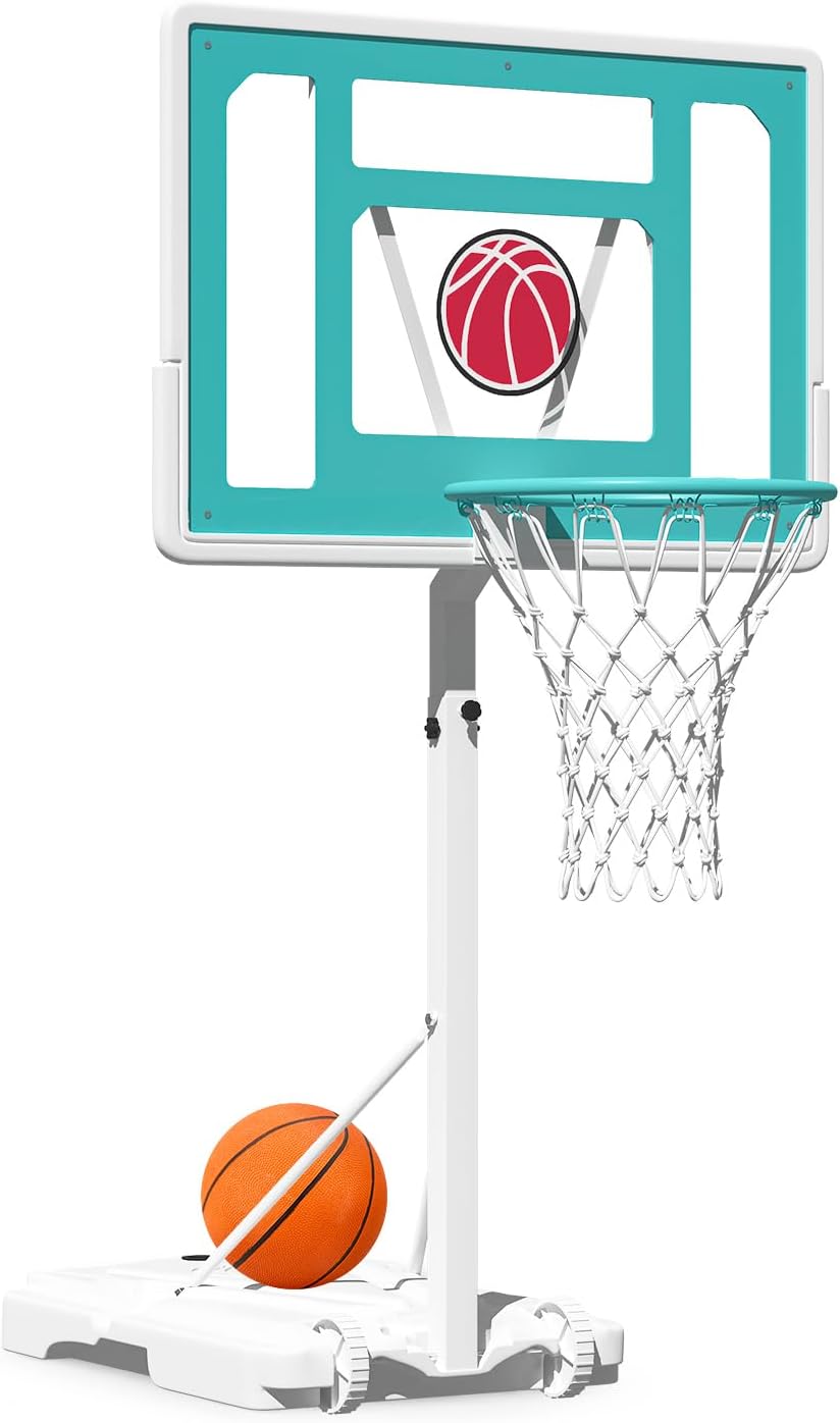 32“x23” Pool Basketball Hoop, 3.1FT-4.1FT Height Adjustable Poolside Basketball Hoop,Include Air Pump,Basketball, Made for Teens, Adults, White