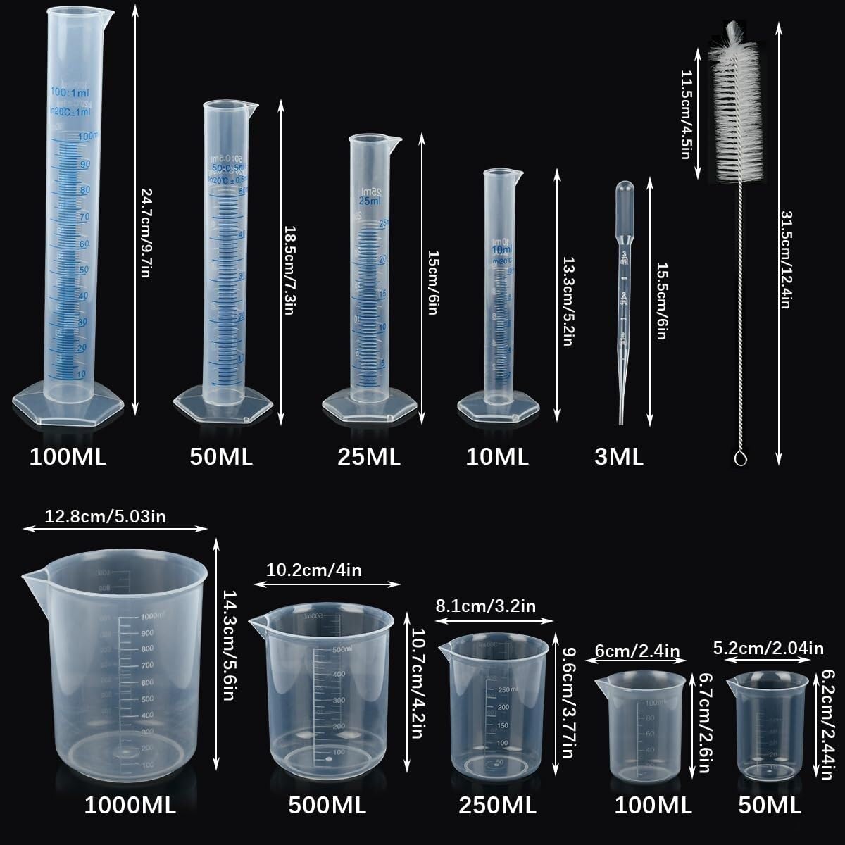 Set de Cilindros de Medida 15 Piezas, Cilindros Graduados de Plástico y Vasos con Pipetas y Cepillo para Laboratorio y Cocina