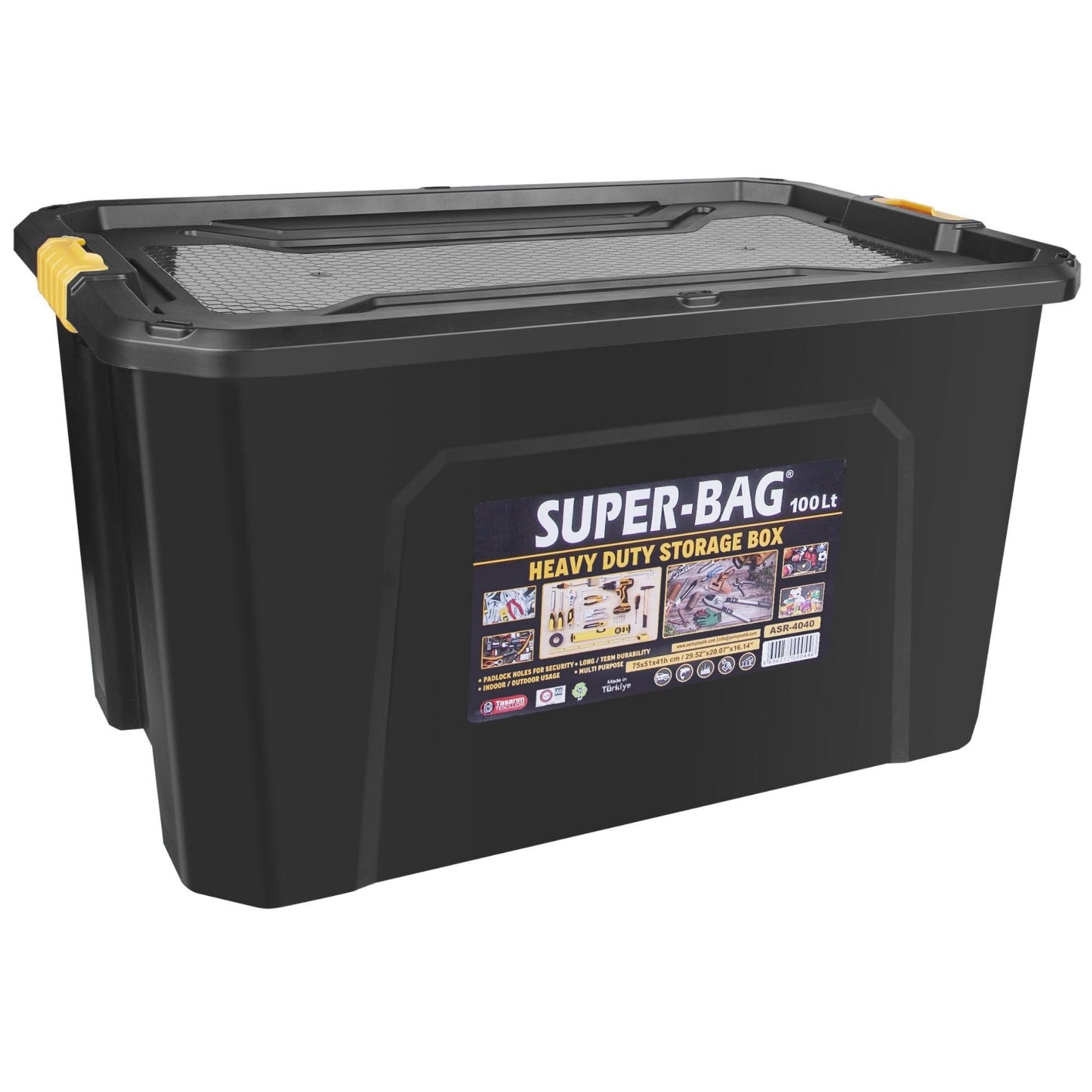 Super Bag 100 L Kapaklı Saklama Kutusu, Ağır Hizmet Plastik Depolama Kutusu, Çok Amaçlı Eşya Düzenleme ve Saklama Kabı, Darbeye Dayanıklı, Ev Garaj Depo Kullanımı, ASR-4040