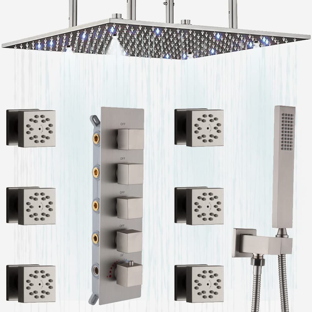 WHSHOWER Thermostatic Rain Shower System with Body Spray Massage 16
