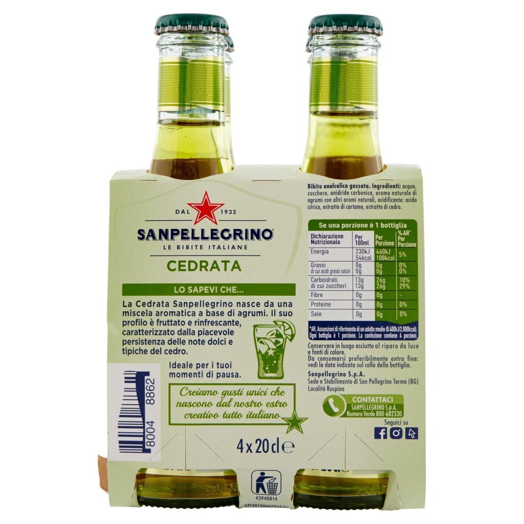 San Pellegrino Cedrata Soda Citron Soft drink Botella 48 x 20 cl refrescante bebida italiana sin alcohol + Polpa italiana Gourmet 400 g