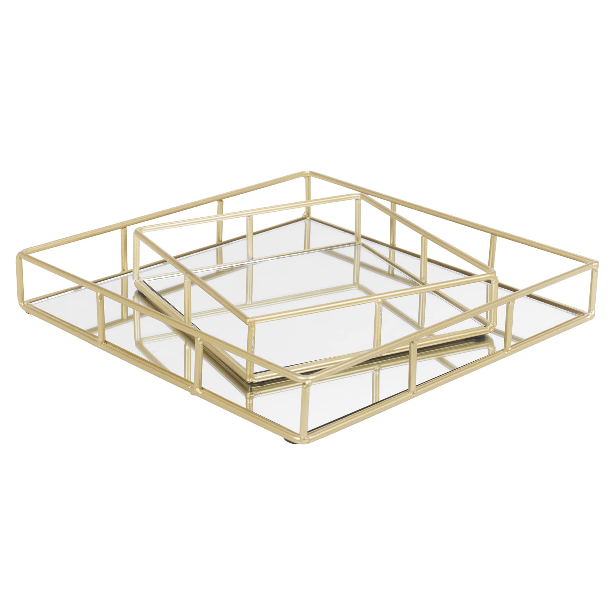 Urbnliving Gold Set Of 2 Metal Decorative Square Mirror Trays Vanity Perfume Candle Holders
