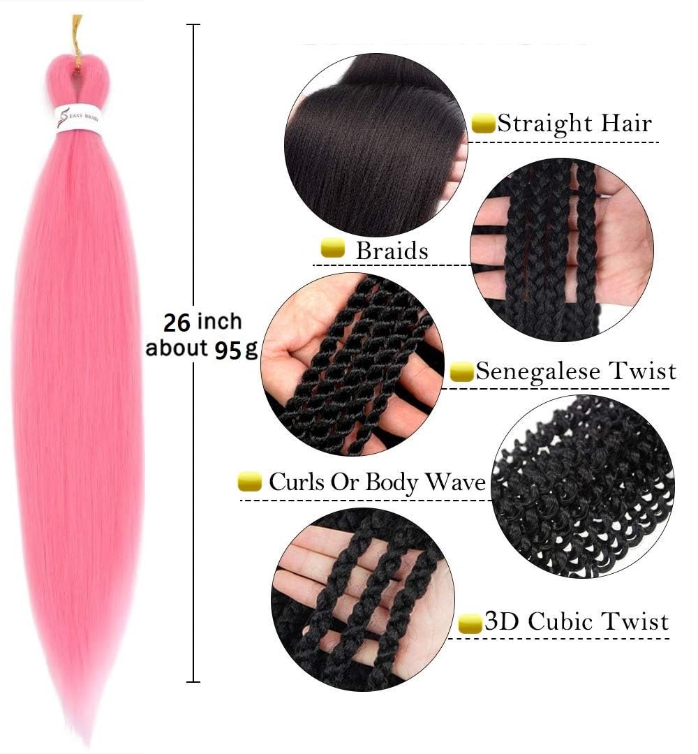 Pre Stretched Braiding Hair Pink Braiding Hair Extensions For Braids 26 Inch 6 Packs Yaki Textured Crochet Synthetic Hot Water Setting Crochet Extensions (26 Inch - Image 3