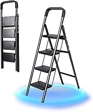 OSATA Stepladder, Folding Handrail Included, Indoor and Outdoor Use, Load Capacity 330.7 lbs (150 kg), Compact, Space-Saving, Anti-Slip, Convenient to Carry (Black, 4 Steps)