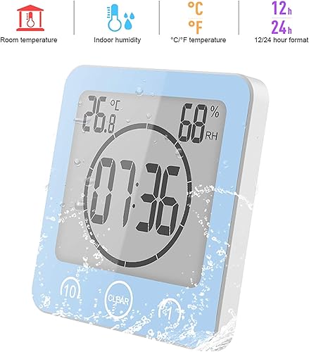 Miniatura 6 de Reloj de ducha impermeable, reloj de pared para baño, campana solar, pantalla digital de temperatura y humedad con ventosa, temporizador de pantalla