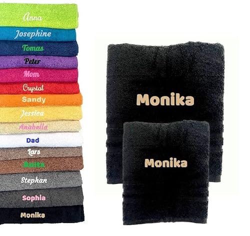 2 pieces Personalised Bath Towel and Hand Towel with Name Beautifully Embroidered Name Custom Towel 2 Pack 140x70 cm + 100x50cm Cotton Towel Set Personalized Gift (Black)