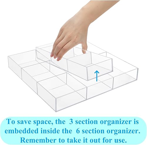 Miniatura 5 de Peohud Paquete de 2 bandejas organizadoras de cajones de acrílico, 6/3 secciones transparentes para cajones, almacenamiento de cajones de basura