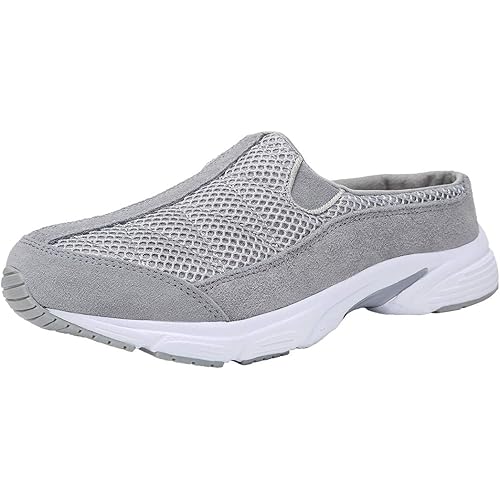 FANTURE Womens Mesh Breathable Casual Sneakers Clog Mule Ultra Lightweight Slip on Walking Shoes Genuine Suede Leather