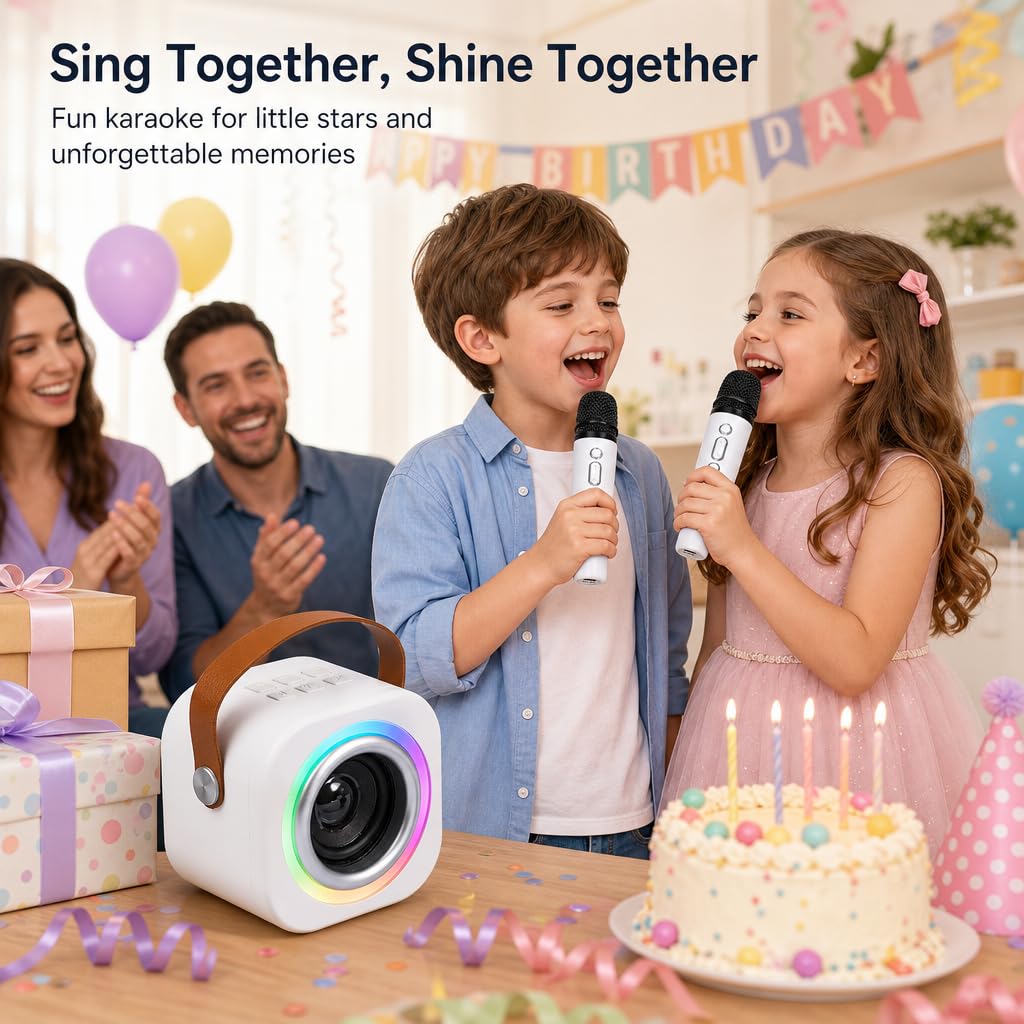 Mini máquina de karaoke para niños con 2 micrófonos inalámbricos, efectos divertidos de cambiador de voz, altavoz Bluetooth portátil con luces LED, soporte AUX/USB/TF, regalos de cumpleaños para niñas