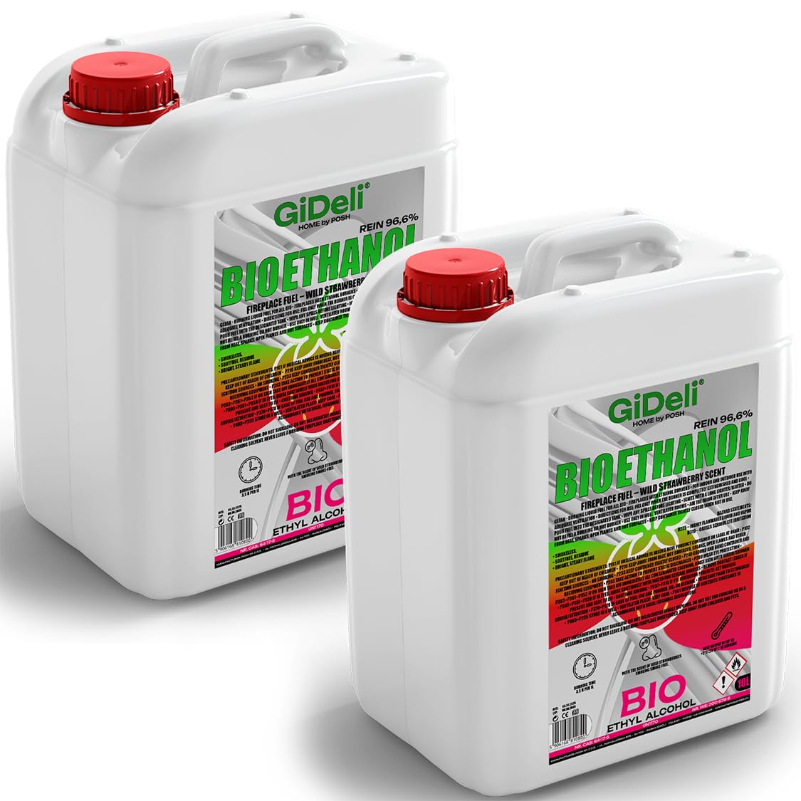 GiDeli Bioetanolo, 2 x 10 l, profumo di fragola selvatica, 96,6% etanolo, per camini interni ed esterni, senza fumo e fuliggine, da mais e barbabietola da zucchero