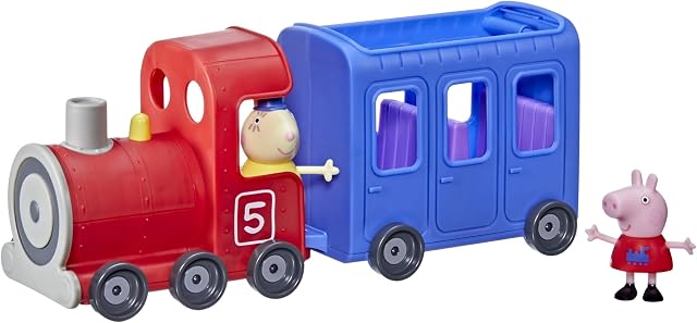 Świnka Peppa Pociąg Pani Królik z serii Przygody Świnki Peppy, zabawkowy rozłączany pojazd dla przedszkolaków, 2 figurki, kręcące się koła, dla dzieci w wieku od 3 lat