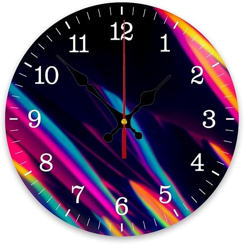 Neon Lights Retro Cyberpunk Lasers and Light Overlays Black Wall Clock Decorative for Living Room Decor Kitchen Bathroom Bedroom Office Silent