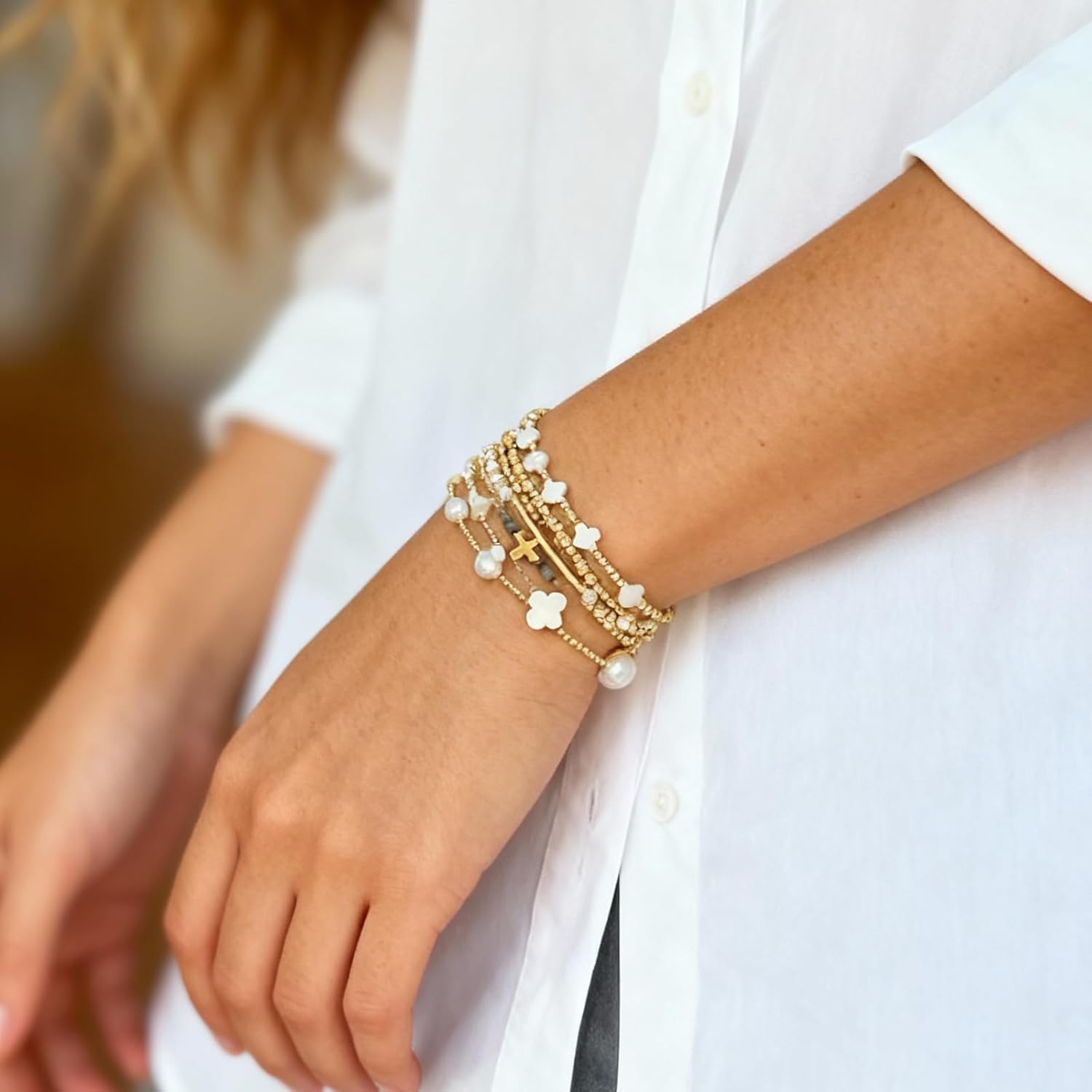 Long tiantian Gold Beaded Bracelets for Women Cross Beaded Bracelet Stack Pearl Bracelets Stackable Trendy Jewelry for Women Gifts - Image 3