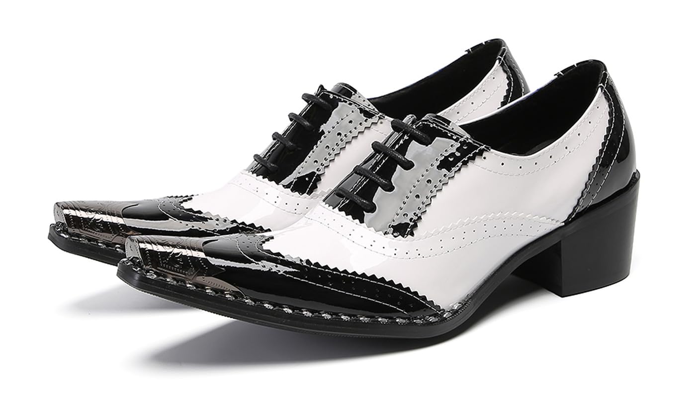 Santimon Mens Two-Tone Wingtip Oxfords Dress Casual Shoes Handmade Patent Leather Brogue Lace-Up with Metal Toe Cap Cushioned
