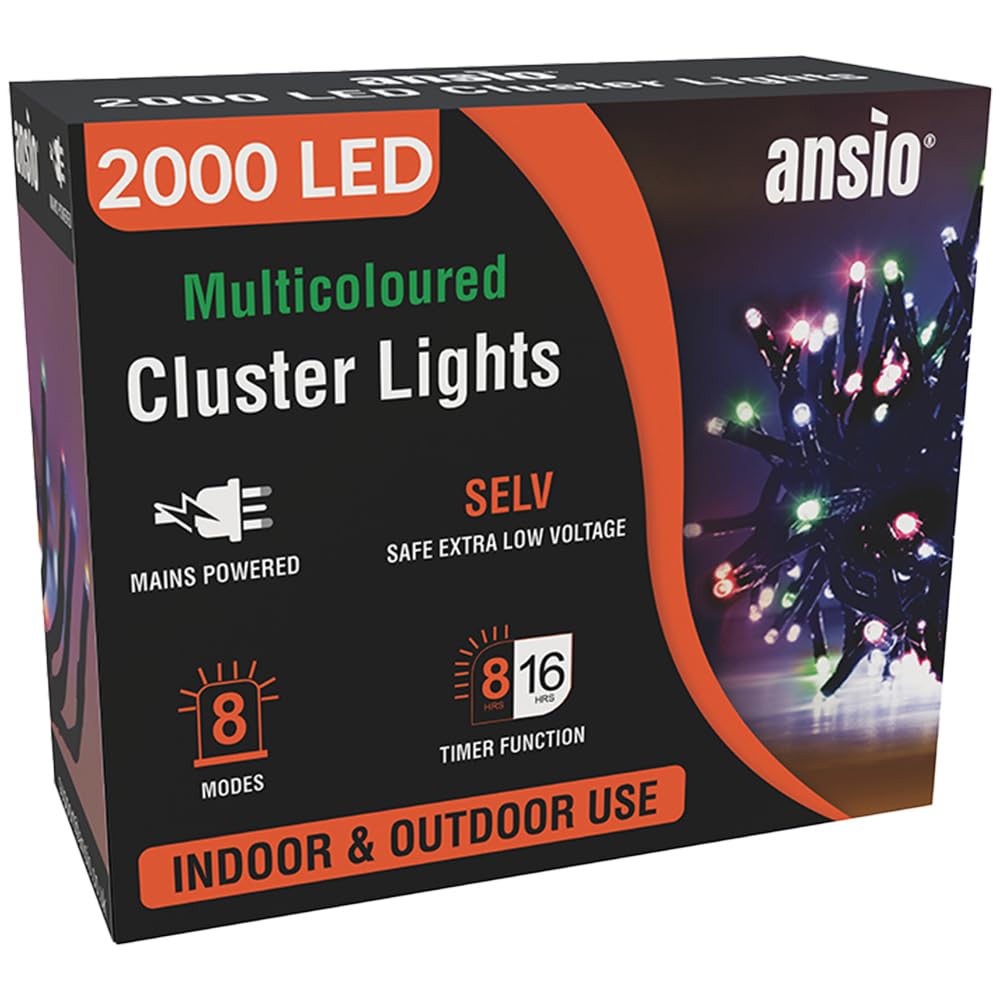 Ansio Multi Colour Ansio® Christmas Lights 2000 Led 24M/78Ft Cluster Christmas Tree Lights For Indoor & Outdoor Multicoloured Decorations Fairy Lights With Timer For Xmas Garden & Party | Mains Powered Green Cable…