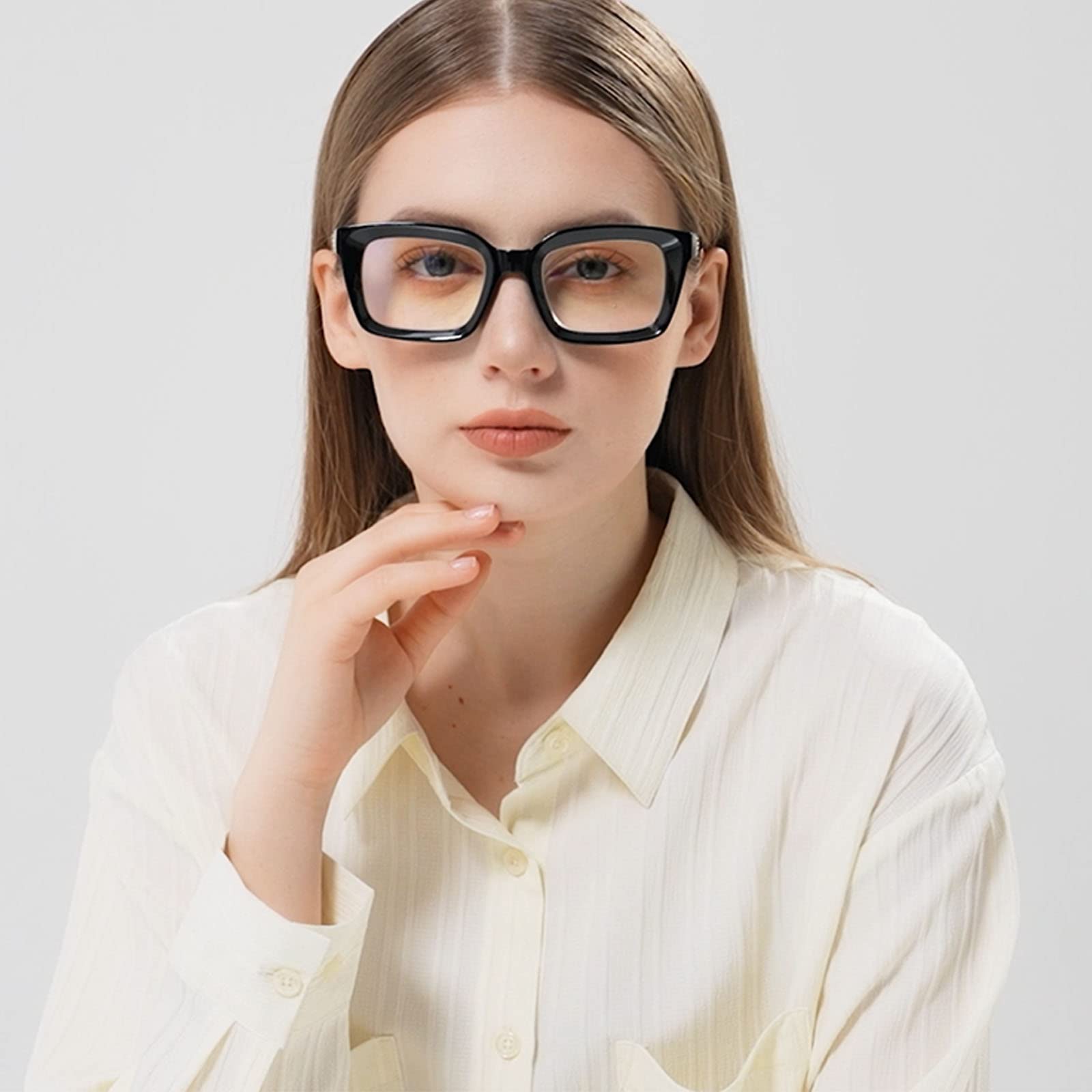 Hubeye Gafas de lectura cuadrados de montura grande para mujer y hombre bisagra de resorte Anteojos de lectura de gran tamaño anti luz azul (Negro+Negro, 2.50)