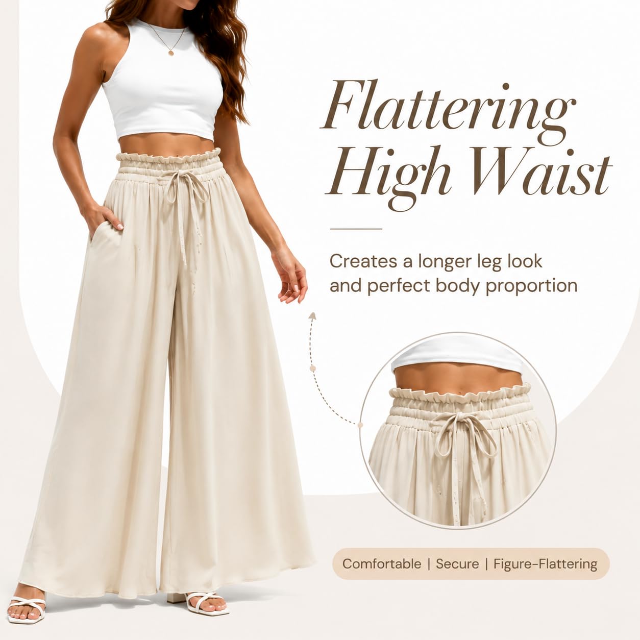 Yusongirl Weites Bein, fließende Hose für Damen, hohe Taille, elastische Taille, Palazzo-Hose.