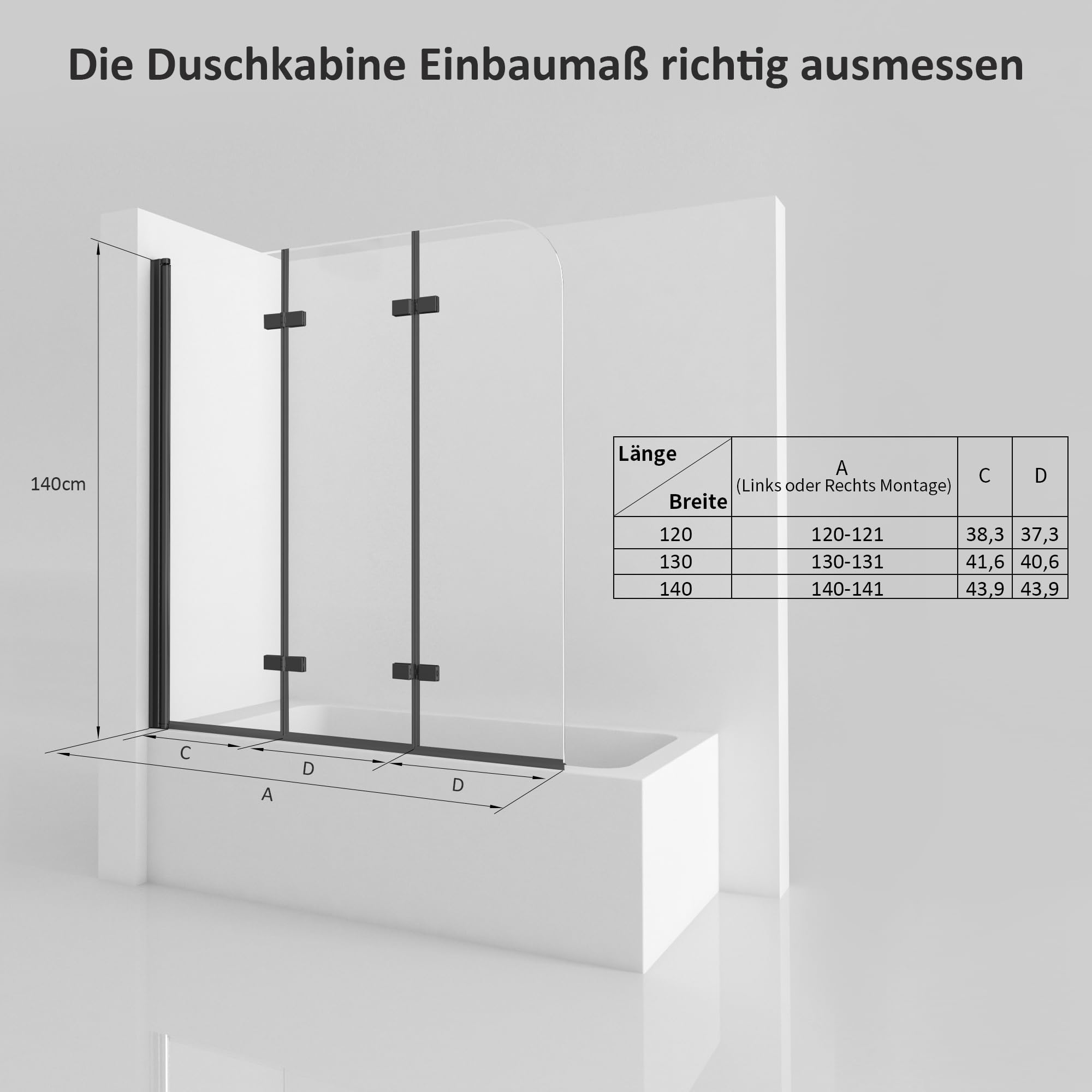 Duschwand für Badewanne 140x140cm 3-teilig faltbar Badewannenaufsatz Badewannenfaltwand Duschwand Faltwand Duschabtrennung für Badewanne mit 6mm NANO Sicherheitsglas, Matt Schwarz