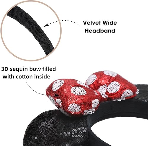 Miniatura 3 de JIAHANG Orejas de ratón 3D con lazo de lentejuelas con diadema de lunares, diadema ancha de terciopelo, decoración de fiesta, disfraces, accesorios