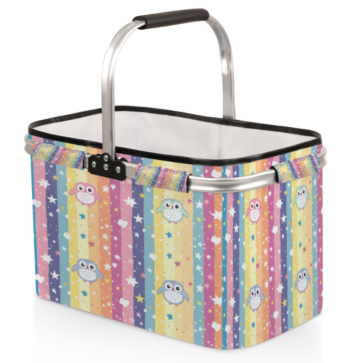 Tablerazzi Cute Owl Folding Picnic Basket Large Reusable Shopping Basket Animal Owls Collapsible Grocery Bag with Handle Aluminum Frame Market Basket