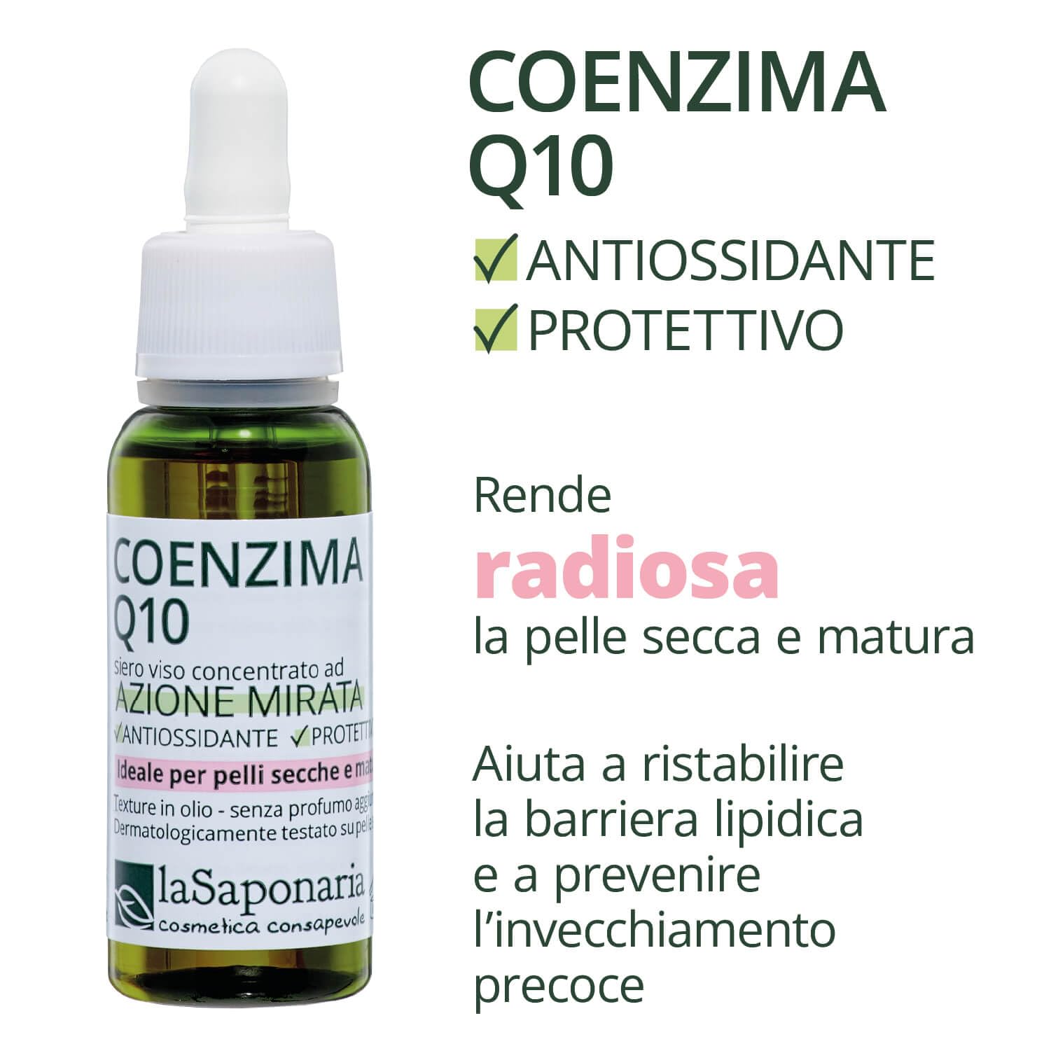 La Saponaria | Siero Viso Coenzima Q10, Idratante, protettivo e antiossidantee, Biologico, Ideali per pelli secche, mature e stanche, 30 ml