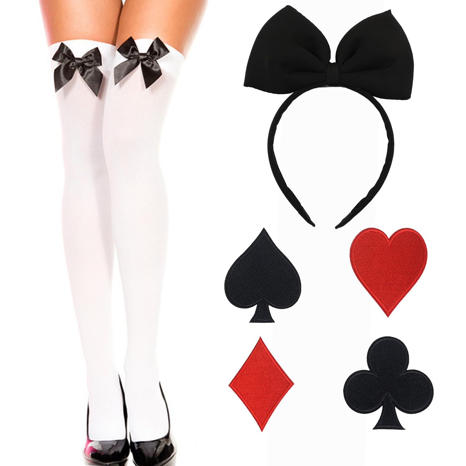 Miaija 6Pieces Alice Costumes Set Black Bow Headbands Stocking Poker Cloth Patch Perfect Hair Accessories for Girls and Women Halloween