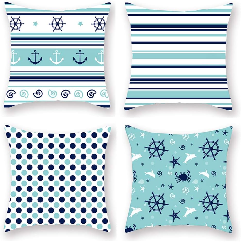 KACOPOL Set of 4 Decorative Nautical Throw Pillow Cover Ocean Starfish Crab Navigation Compass Anchor Summer Decor Super Soft Pillow Case Cushion Cover 18" x 18" for Car Sofa Bed (Nautical Sailing)