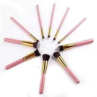 طقم فرش مكياج من 10 قطع مع مجموعة فرش مكياج مع حافظة جلدية - ذهبي وردي