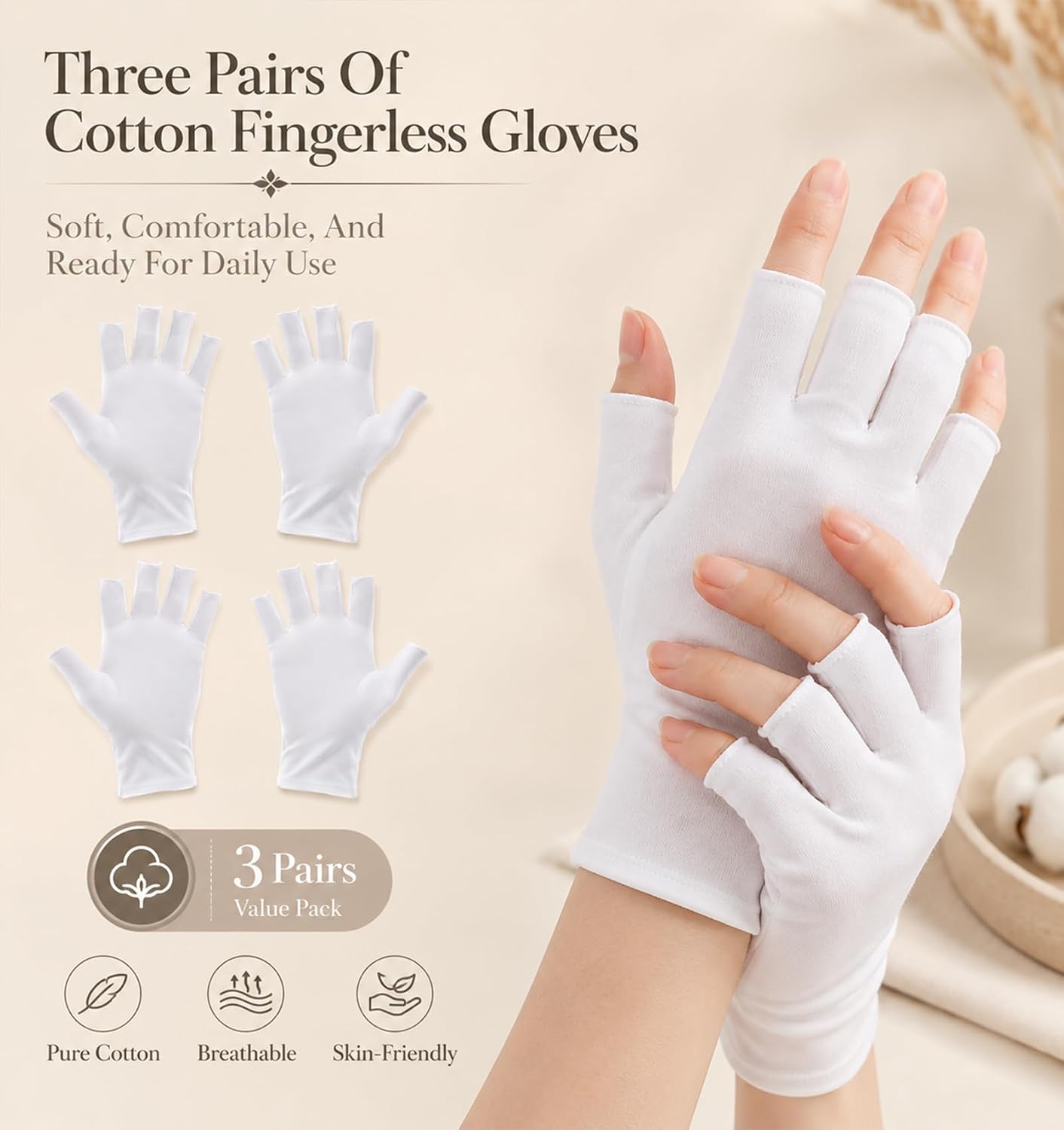 3 Pairs Cotton Gloves for Sleeping, White Breathable Open Finger Gloves, Pure Cotton, Stretch Comfortable Hand Protection Gloves for Makeup, Moisturizing, Daily Hand Care