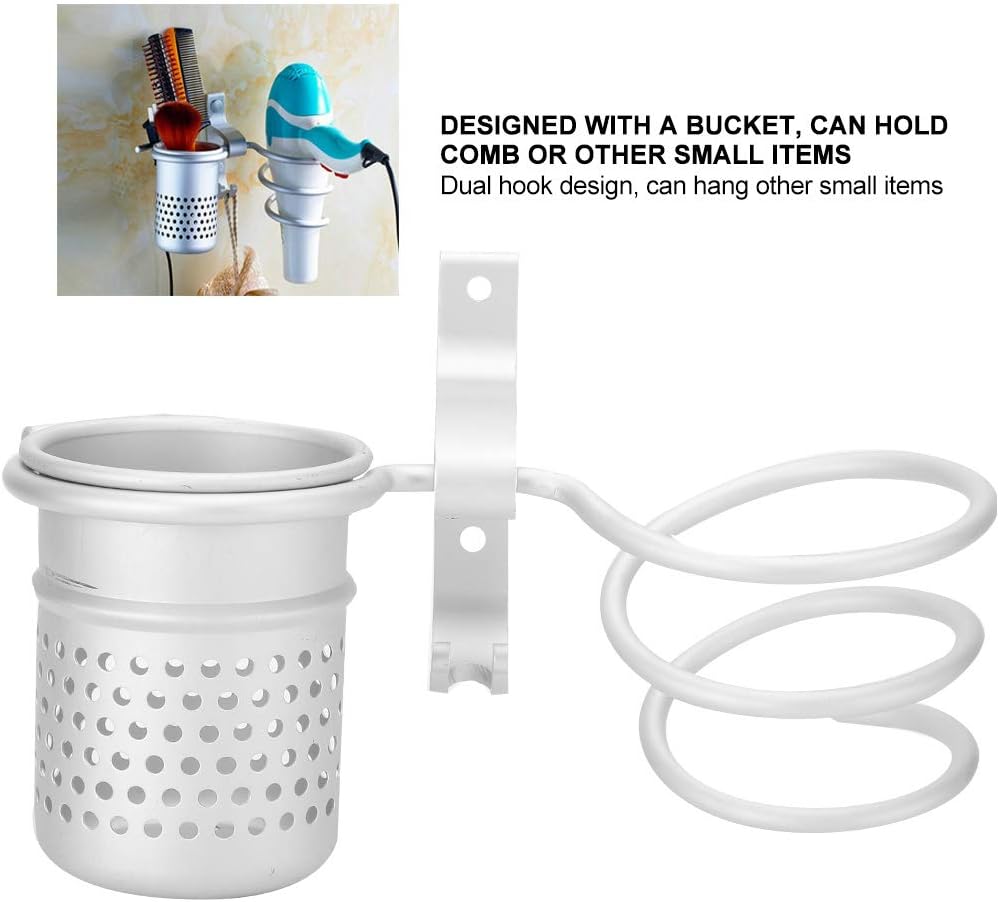 Hair Dryer Holder Stand - Space Aluminum Bathroom Organizer with Double Hook & Ventilated Design - Easy Install & Space-Saving Solution