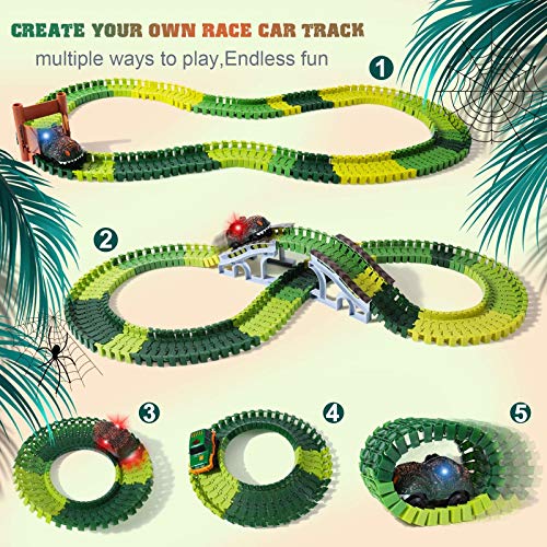 Boby Dinosaur Race Car Track Toy，163pcs Flexible Tracks Playset，Dinosaur World Road Race Car Track Set，Dinosaur car Toys Perfect Birthday Toys for 3,4,5,6,7,8+Years Old Boys Girls Children - Thumbnail 5