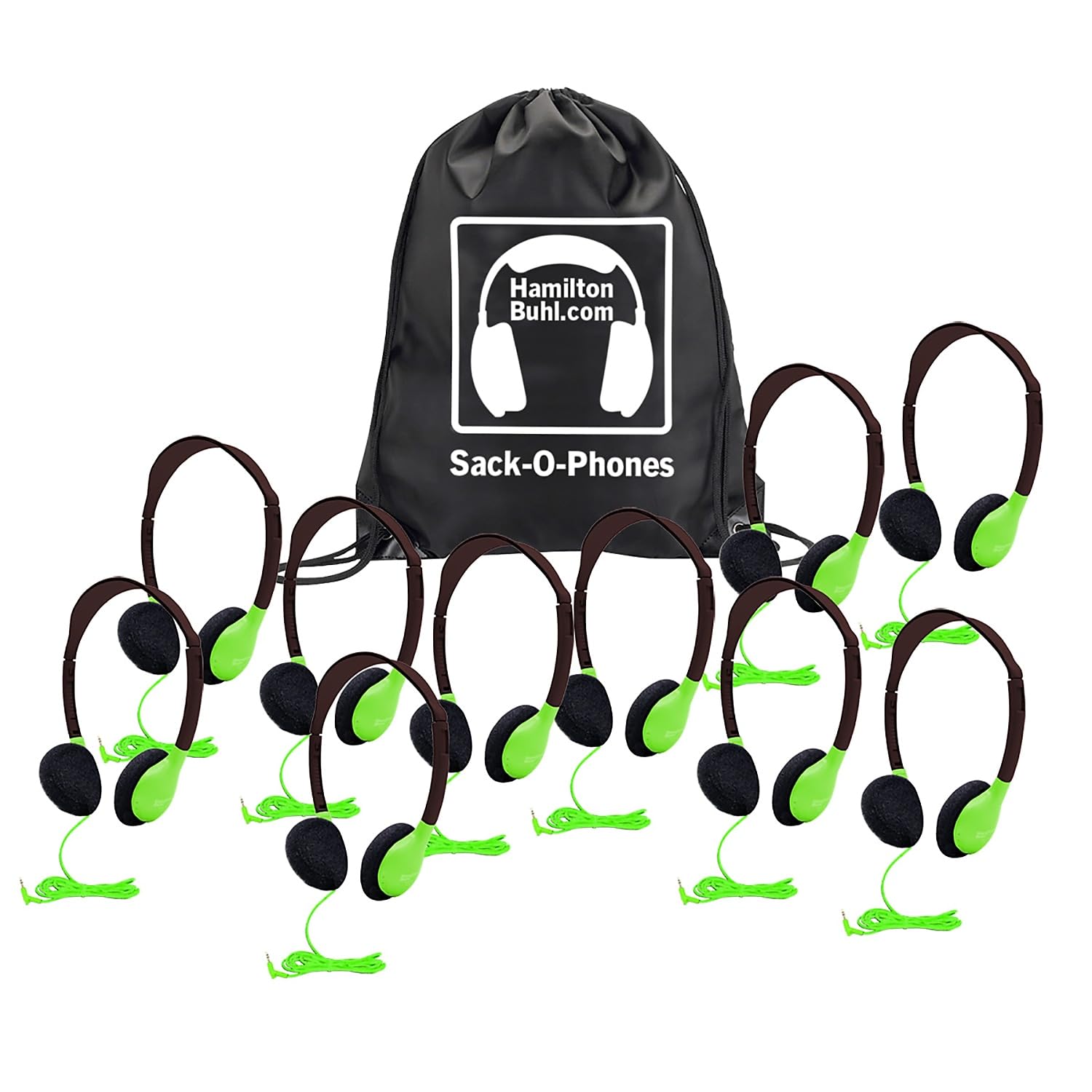 Sack-O-Phones, 10 Personal Headphones in a Carry Bag, Green, 10PK by HamiltonBuhl – One Size, Plastic, Green, Model SOP-HA2GRN