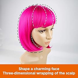 YOUNIGA Hot Pink Bob Wig With Bangs 12 Inch Short Synthetic Fiber Bob Wigs for Women Short Bob Wigs and Halloween Cosplay Wig for Daily Life Colorful Wigs With One Cap (Hot Pink)