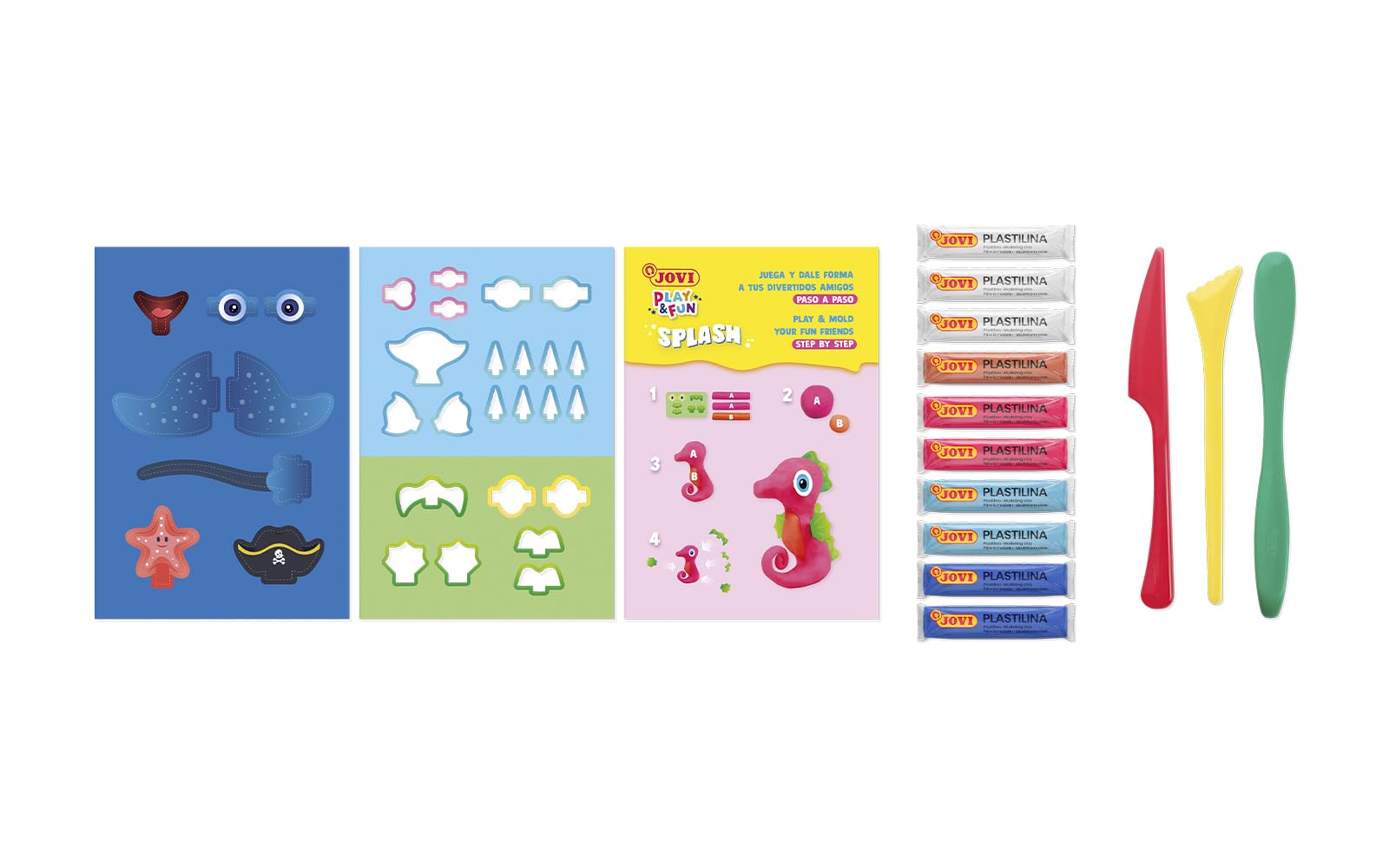 Jovi - Play&Fun SPLASH - Kit de plastilina Animales acuáticos, 10 pastillas de 15 gr, 2 plantillas con