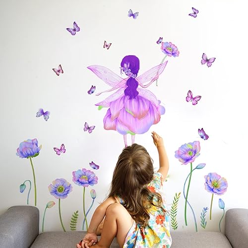 Miniatura 13 de Adhesivo decorativo para pared, diseño de luna morada, flores, mariposa, nubes, para decoración de dormitorio, sala de estar