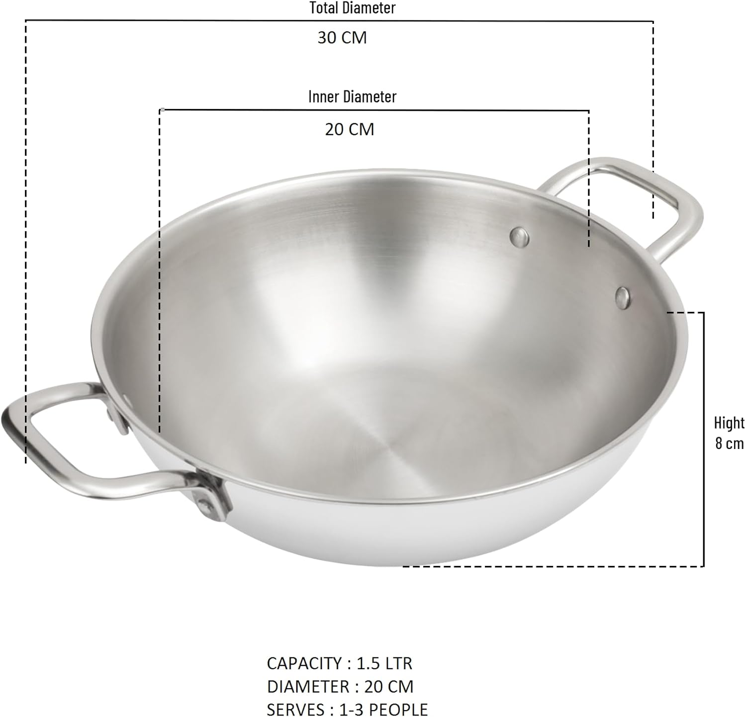 Stainless Steel Triply Kadai - Traditional Indian Cooking Vessel, Induction Compatible, Heavy Bottom, 22CM/2L