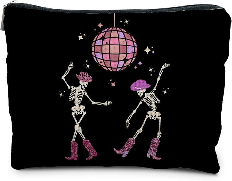 Necessaire de maquiagem RYYCDOI com estampa Dancing Skeleton, tecido de linho e zíper metálico
