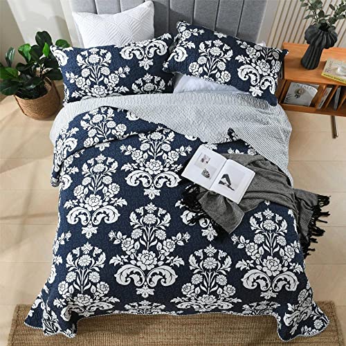 King Size Quilt, Navy King Quilt Set,Navy Blue Quilt Cotton Floral Paisley Farmhouse Bedspreads Coverlet,Quilt King Size Lightweight Reversible Bedding For All Season,Navy White King Bed,3-Piece #TOP6