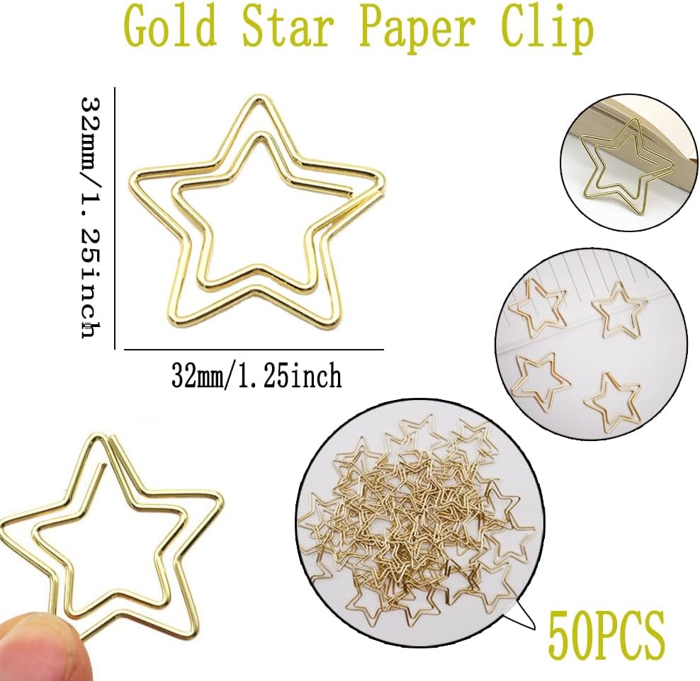 Funny Cute Paperclips Bookmarks Planner Clips，Gold Five Pointed Star Paper Clip,JruiZhp Star Shape 50pcs Metal Paper Clips with Clear Box for Fun Office Supplies School Gifts Decoration image 2