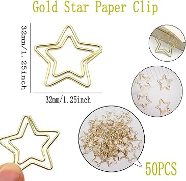 Funny Cute Paperclips Bookmarks Planner Clips,Gold Five Pointed Star Paper Clip,JruiZhp Star Shape 50pcs Metal Paper Clips with Clear Box for Fun Office Supplies School Gifts Decoration