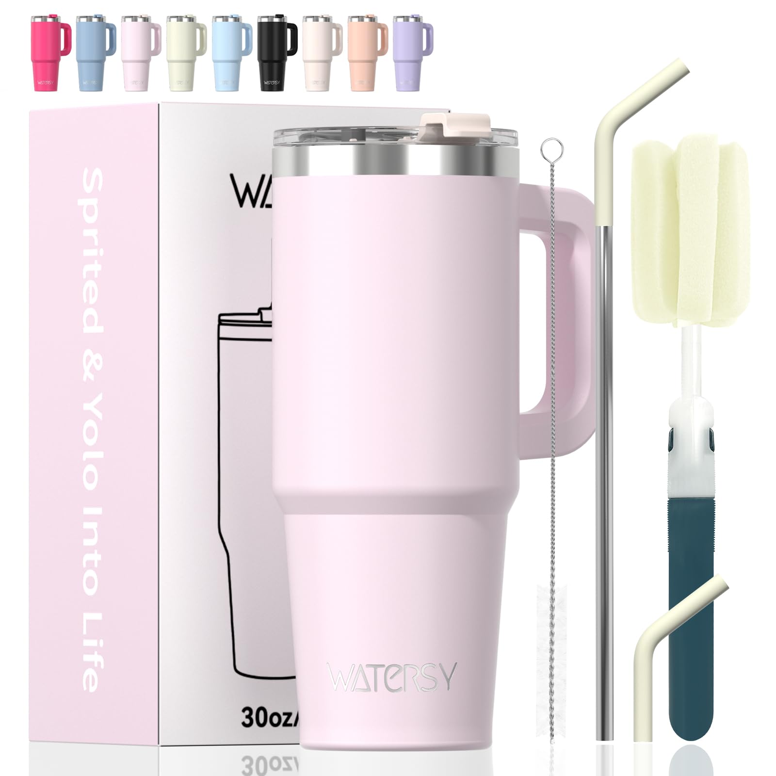 30 oz Tumbler with Handle,Tumbler with Lid and Straw,Double Wall Insulated Cup Stainless Steel Travel Mug(Cold for 34 Hours),Water Bottle for Iced Tea,Coffee,Cold Beverages(Rose Quartz)