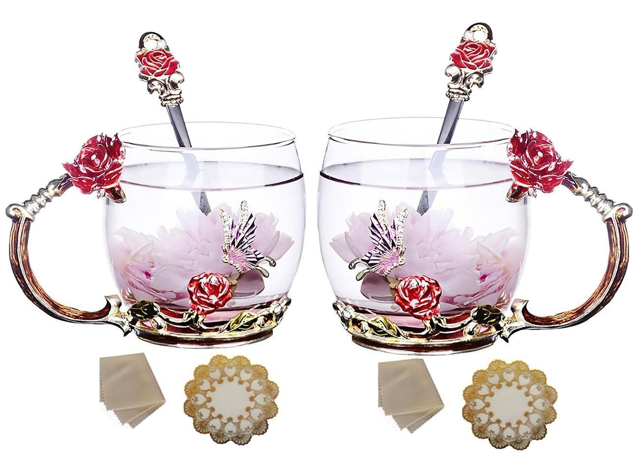 Pack 2Fancy Tea Cups，Tea Cup Glass Coffee Mugs 12oz,Clear Glass Cups with Spoon Set,Send 2 Coaster 2 Cleaning Cloth，Mother's Day Gifts Rose Flower Enamel Design Birthday Decoration Wedding Gift Ideas