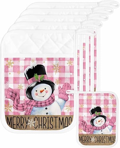 Snowman Pink 4Pcs Pot Holders for Kitchen,Non Slip & Heat Insulation Terry Cloth Potholder Set with Pocket,Thick Hot Pad Oven Mitts Trivet Coaster