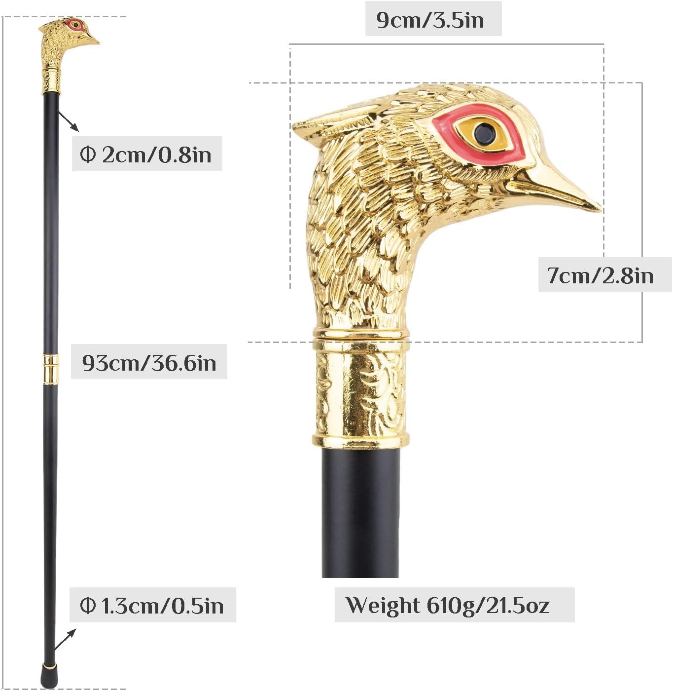 Golden Red Eyed Eagle Walking Cane, Fashion Decorative Walking Stick Gentleman Elegant Cosplay Cane Knob Crosier 93cm
