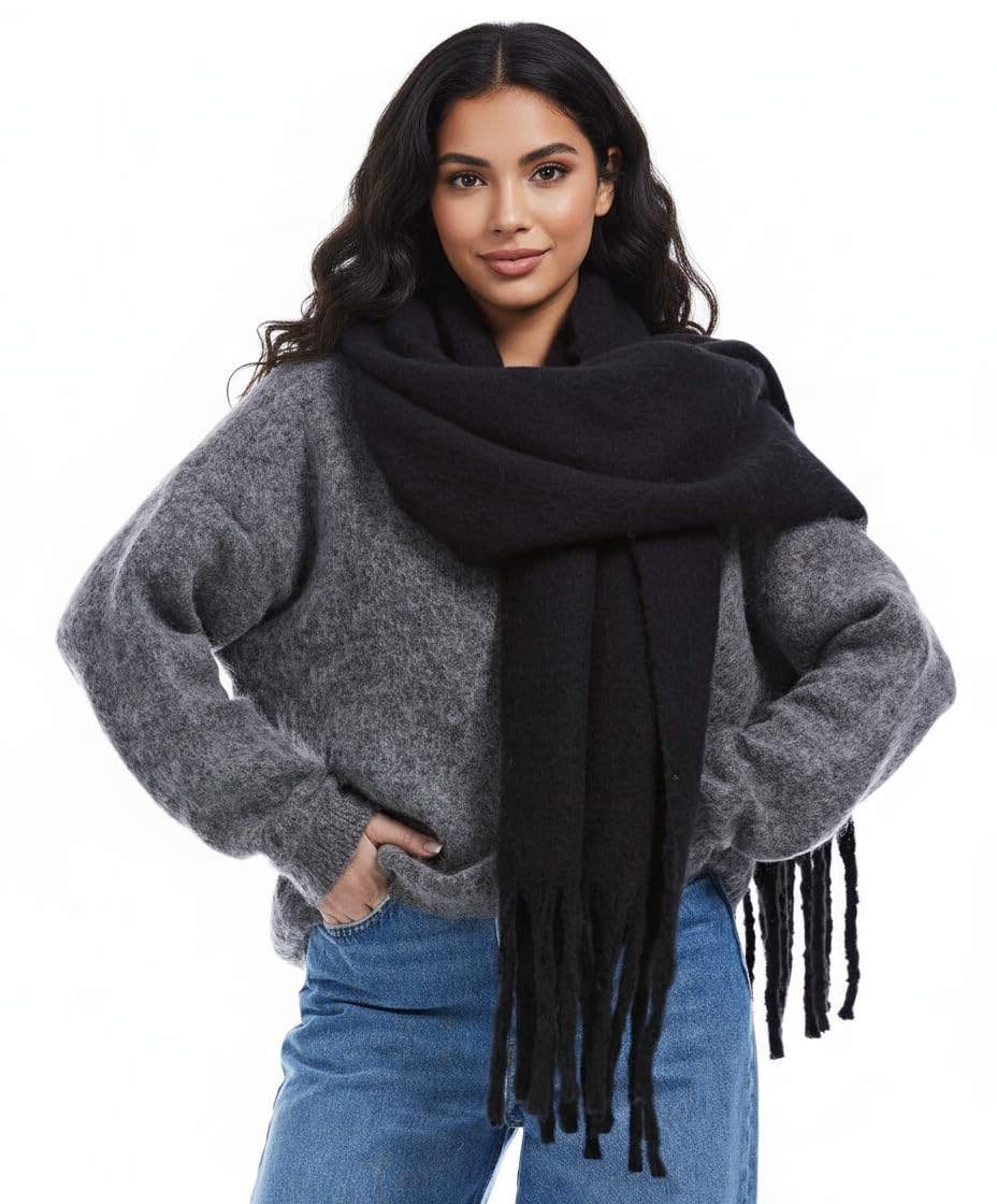Large Chunky Scarfs for Women, Pure Black Oversized Cashmere Feel Scarves Blanket, Soft Big Wool Thick Winter Warm Scarf for Lady, Fall Winter Thermal Thick Scarf with Tassel for Outdoor, Travel